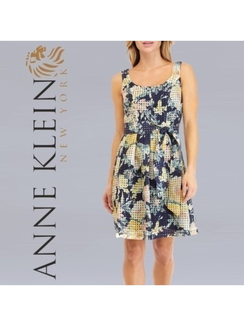 ANNE KLEIN Floral Printed Organza Check Overlay Sleeveless Fit & Flare Dress NWT
